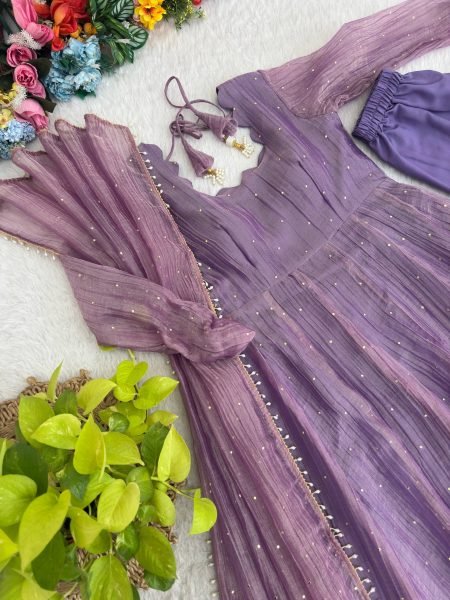 Trendy Purple Premium Crush Silk Gown Set with Foil Work and Latkan at Wholesale Rate Ready To Wear Collection