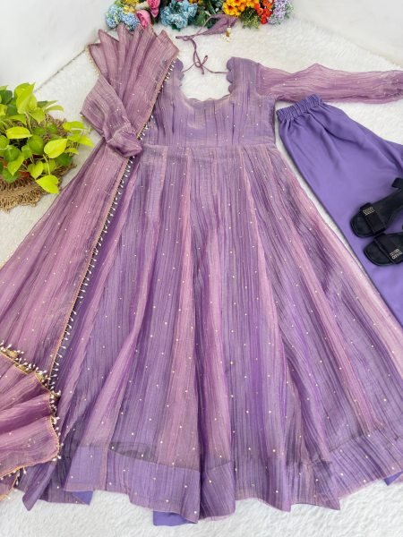 Trendy Purple Premium Crush Silk Gown Set with Foil Work and Latkan at Wholesale Rate Ready To Wear Collection