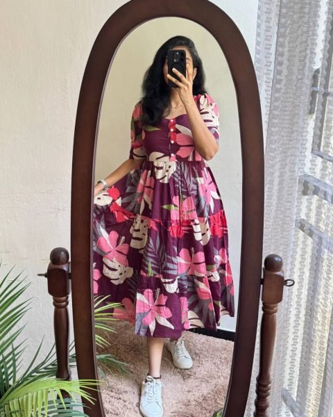 Trendy Purple Soft Cotton Printed Flared Gown for Daily and Casual Wear Western Ladies Top Wholesale