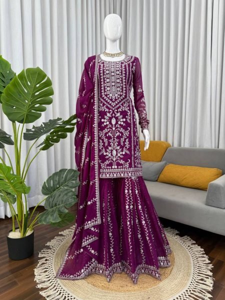 Trendy Purple Thread   Sequins Work Georgette Kurti   Sharara Pair with Lace Dupatta At Manufacturer Rate 