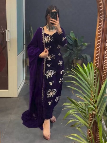 Trendy Purple Velvet Fully Stitched Embroidered 3 Piece Suit Set for Winter Party Wear Winter Wear