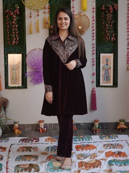 Trendy Purple Velvet Kurta Plazzo with Sequin Embroidery Work for Designer Wear Kurtis