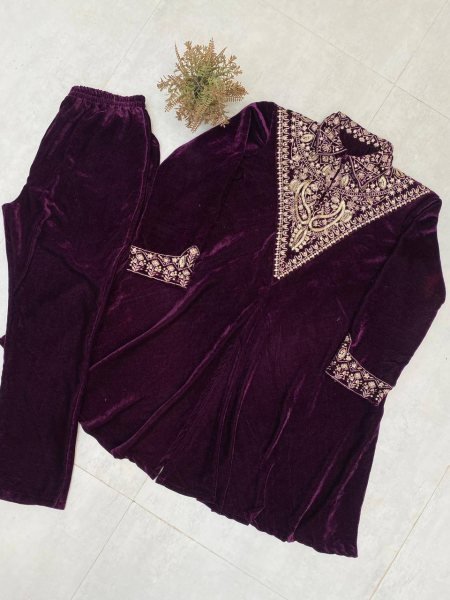 Trendy Purple Velvet Kurta Plazzo with Sequin Embroidery Work for Designer Wear CO ORD Sets