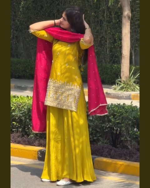 Trendy Ready To Wear Natural Crepe Silk Embroidered Sharara Suit with Chinon Silk Dupatta 