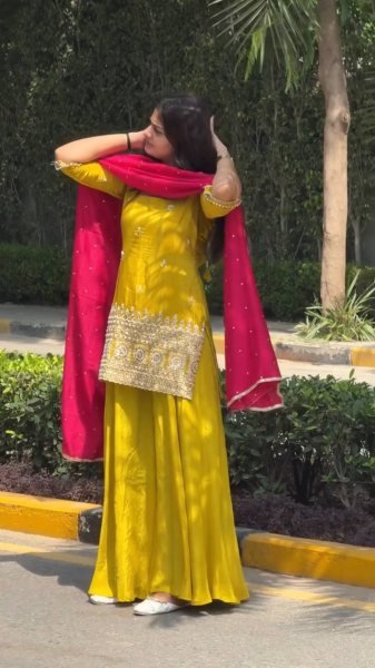 Trendy Ready To Wear Natural Crepe Silk Embroidered Sharara Suit with Chinon Silk Dupatta Ready To Wear Collection