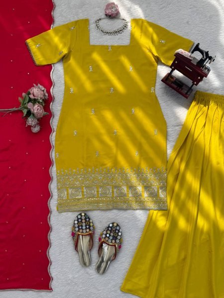 Trendy Ready To Wear Natural Crepe Silk Embroidered Sharara Suit with Chinon Silk Dupatta Ready To Wear Collection