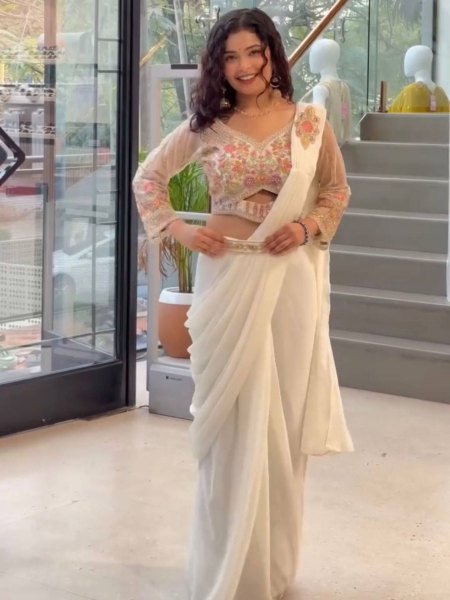 Trendy Ready to Wear White Saree with Embroidery and Waist Belt for Festive Look Ready To Wear Saree 