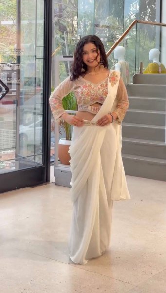 Trendy Ready to Wear White Saree with Embroidery and Waist Belt for Festive Look Ready To Wear Saree 