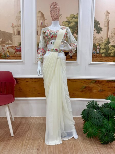 Trendy Ready to Wear White Saree with Embroidery and Waist Belt for Festive Look Ready To Wear Saree 