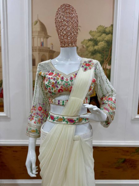 Trendy Ready to Wear White Saree with Embroidery and Waist Belt for Festive Look Ready To Wear Saree 