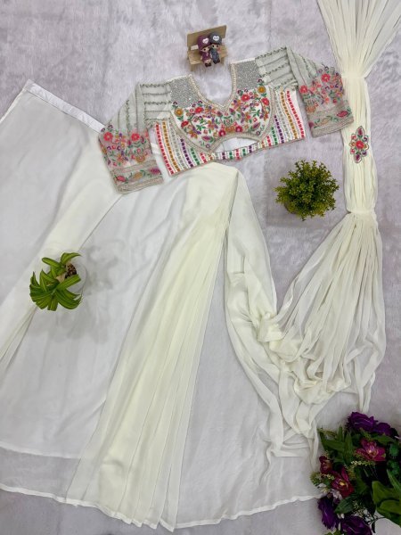 Trendy Ready to Wear White Saree with Embroidery and Waist Belt for Festive Look Ready To Wear Saree 