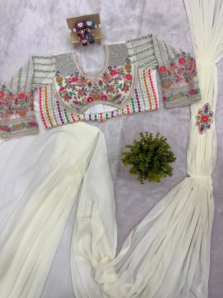 Trendy Ready to Wear White Saree with Embroidery and Waist Belt for Festive Look Ready To Wear Saree 