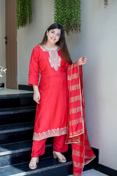 Trendy Red Georgette Kurti Pant Dupatta Set with Embroidery Work  Straight Cut Long Kurtis