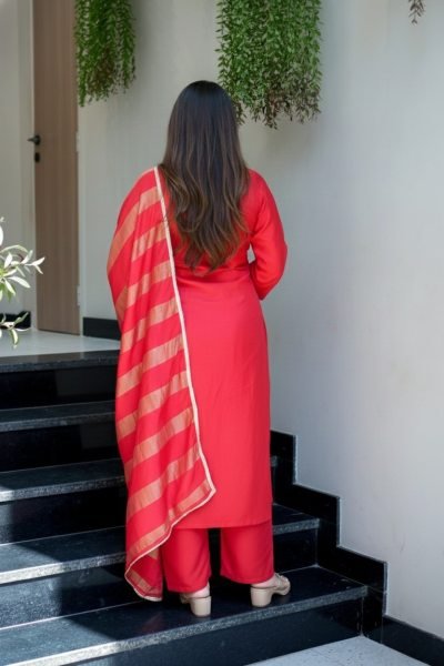 Trendy Red Georgette Kurti Pant Dupatta Set with Embroidery Work  Straight Cut Long Kurtis