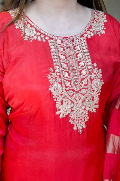 Trendy Red Georgette Kurti Pant Dupatta Set with Embroidery Work  Straight Cut Long Kurtis
