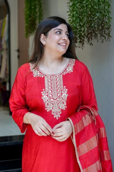 Trendy Red Georgette Kurti Pant Dupatta Set with Embroidery Work  Straight Cut Long Kurtis