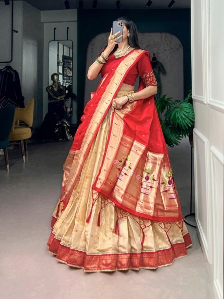 Trendy Red Kanchipuram Silk Paithani Lehenga with Zari Weaving and Banglory Blouse 