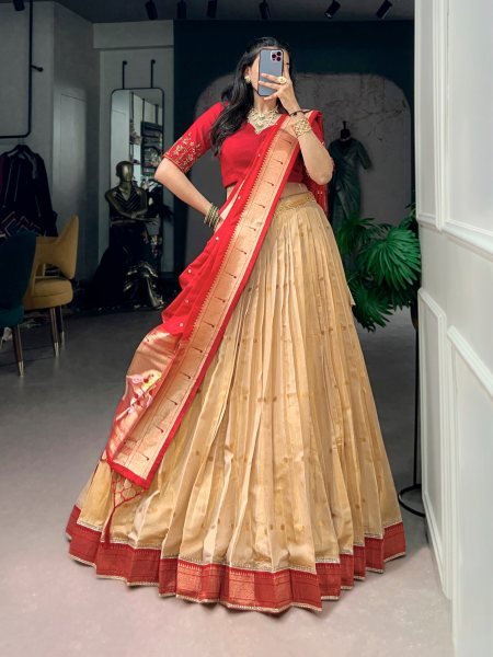 Trendy Red Kanchipuram Silk Paithani Lehenga with Zari Weaving and Banglory Blouse Designer Lehenga Choli