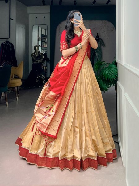 Trendy Red Kanchipuram Silk Paithani Lehenga with Zari Weaving and Banglory Blouse Designer Lehenga Choli