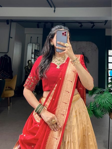 Trendy Red Kanchipuram Silk Paithani Lehenga with Zari Weaving and Banglory Blouse Designer Lehenga Choli