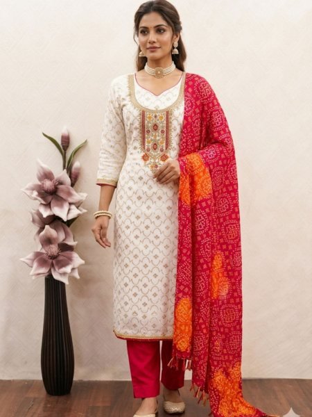 Trendy Red Unstitched Suit Material with Kodding Sequins Work Top Dress Material 