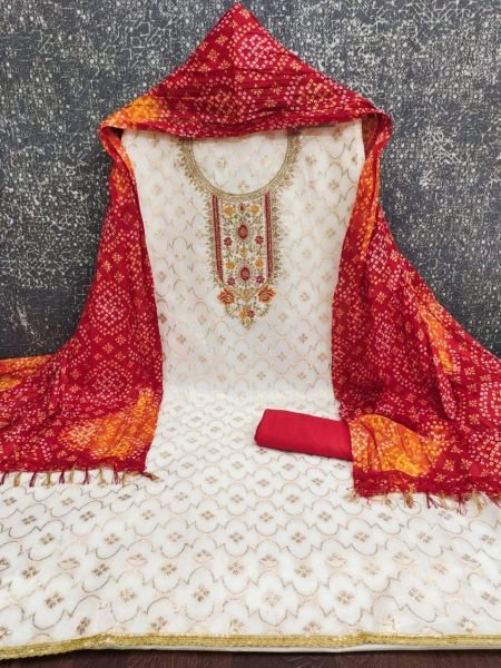 Trendy Red Unstitched Suit Material with Kodding Sequins Work Top Punjabi Dress Materials Wholesale