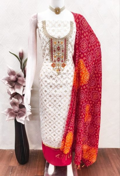 Trendy Red Unstitched Suit Material with Kodding Sequins Work Top Punjabi Dress Materials Wholesale