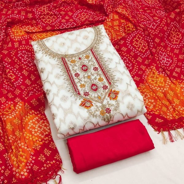 Trendy Red Unstitched Suit Material with Kodding Sequins Work Top Punjabi Dress Materials Wholesale