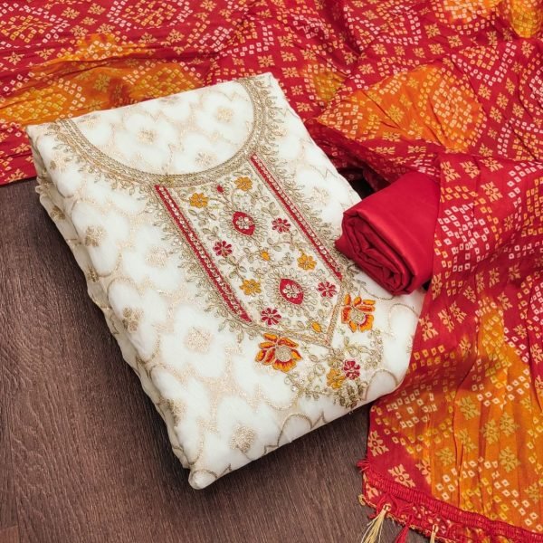 Trendy Red Unstitched Suit Material with Kodding Sequins Work Top Punjabi Dress Materials Wholesale