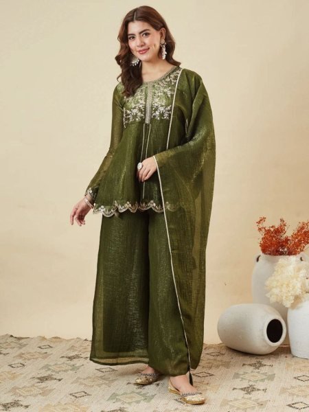 Trendy Silk Mehendi green Embroidered Silk Kurti with Matching Dupatta Kurtis