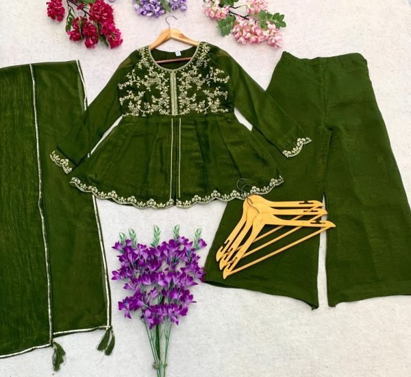 Trendy Silk Mehendi green Embroidered Silk Kurti with Matching Dupatta Embroidery Kurtis 