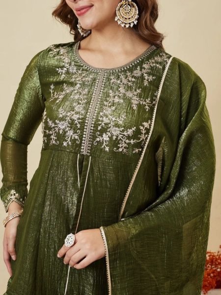 Trendy Silk Mehendi green Embroidered Silk Kurti with Matching Dupatta Embroidery Kurtis 