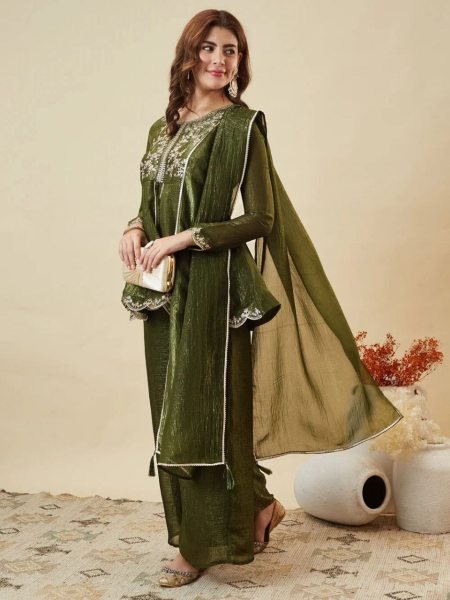 Trendy Silk Mehendi green Embroidered Silk Kurti with Matching Dupatta Embroidery Kurtis 