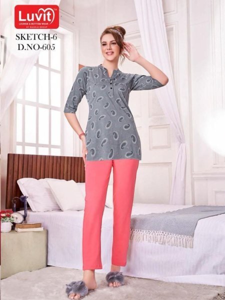 Trendy Sinker Cotton Sleepwear Set Stylish Printed Top with Comfy Bottom Night Suit Wholesale