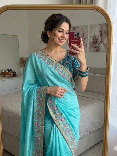 Trendy Sky Blue Chinon Saree with Embroidery for Women Latest Design Sarees 