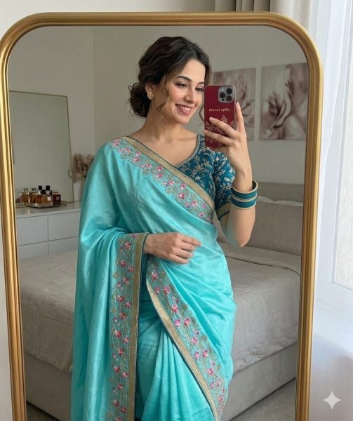 Trendy Sky Blue Chinon Saree with Embroidery for Women Latest Design Silk Sarees Wholesale