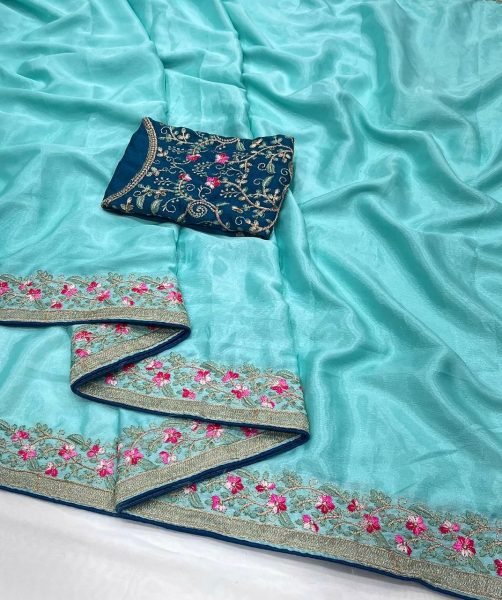 Trendy Sky Blue Chinon Saree with Embroidery for Women Latest Design Silk Sarees Wholesale