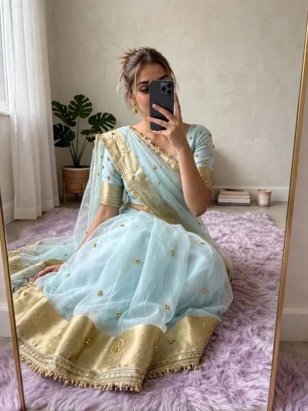 Trendy Sky Blue Embroidery lace Work Saree With Matching Ghungroo Blouse For Festival Sarees 