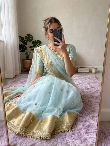 Trendy Sky Blue Embroidery lace Work Saree With Matching Ghungroo Blouse For Festival Silk Sarees Wholesale