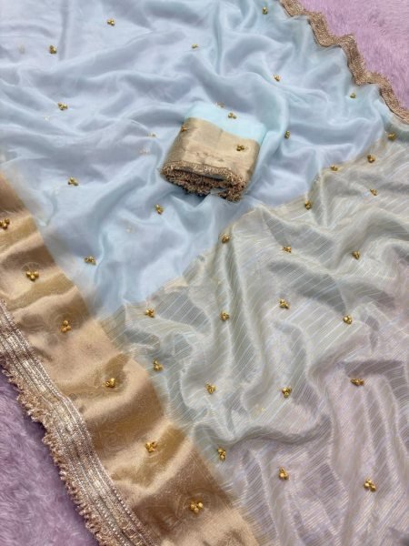 Trendy Sky Blue Embroidery lace Work Saree With Matching Ghungroo Blouse For Festival Silk Sarees Wholesale