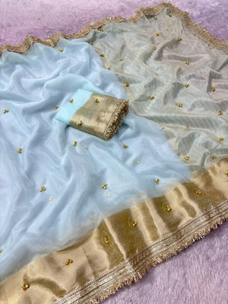 Trendy Sky Blue Embroidery lace Work Saree With Matching Ghungroo Blouse For Festival Silk Sarees Wholesale