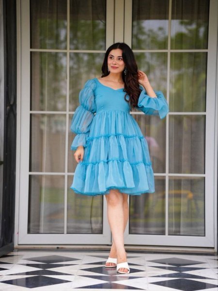 Trendy Sky Blue Fox Georgette Flared Kurti with Sweetheart Neck for Women Kurtis