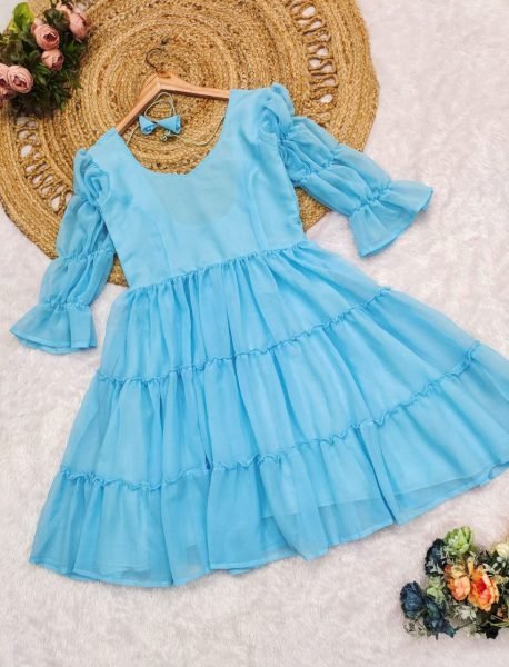 Trendy Sky Blue Fox Georgette Flared Kurti with Sweetheart Neck for Women Western Ladies Top Wholesale