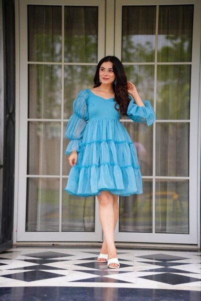 Trendy Sky Blue Fox Georgette Flared Kurti with Sweetheart Neck for Women Western Ladies Top Wholesale