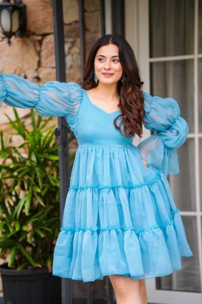 Trendy Sky Blue Fox Georgette Flared Kurti with Sweetheart Neck for Women Western Ladies Top Wholesale