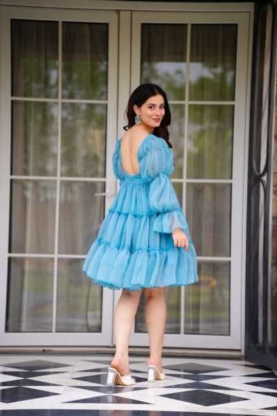 Trendy Sky Blue Fox Georgette Flared Kurti with Sweetheart Neck for Women Western Ladies Top Wholesale