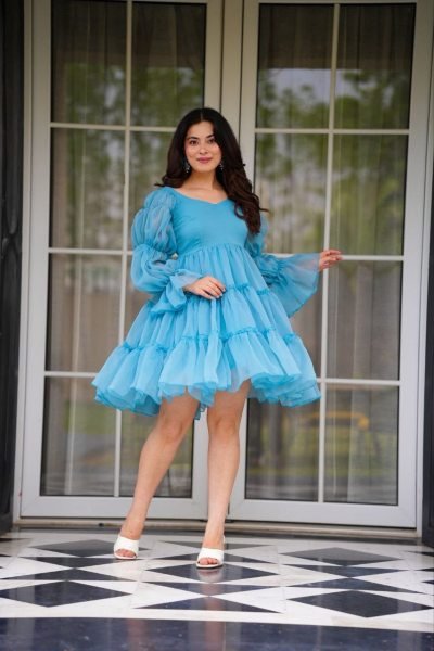 Trendy Sky Blue Fox Georgette Flared Kurti with Sweetheart Neck for Women Western Ladies Top Wholesale