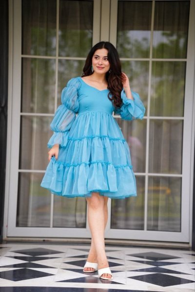Trendy Sky Blue Fox Georgette Flared Kurti with Sweetheart Neck for Women Western Ladies Top Wholesale