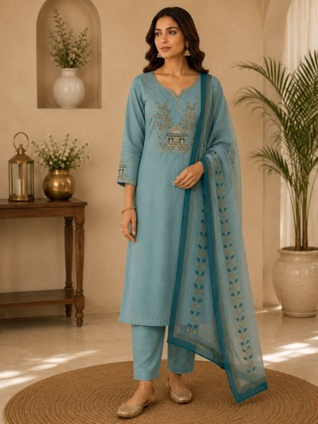 Trendy Sky Blue Roman Silk  Straight-cut Kurti With Hand Embroidery And Zari  Kurtis