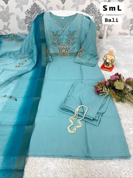 Trendy Sky Blue Roman Silk  Straight-cut Kurti With Hand Embroidery And Zari   Straight Cut Long Kurtis